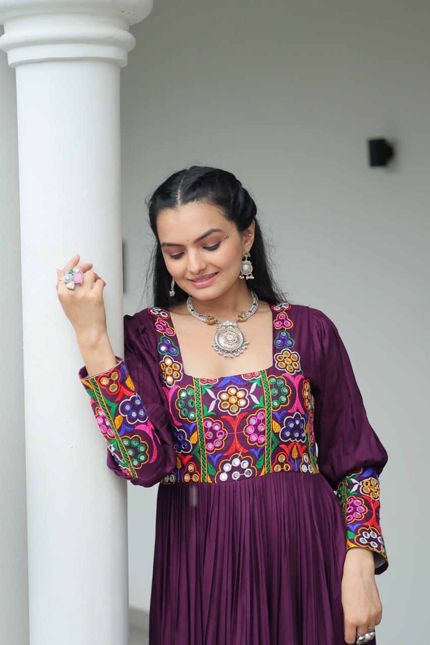 Wine Color Gamthi Work Flared Gown For Navratri