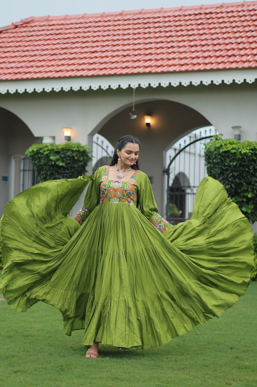 Parrot Green Color Gamthi Work Flared Gown For Navratri