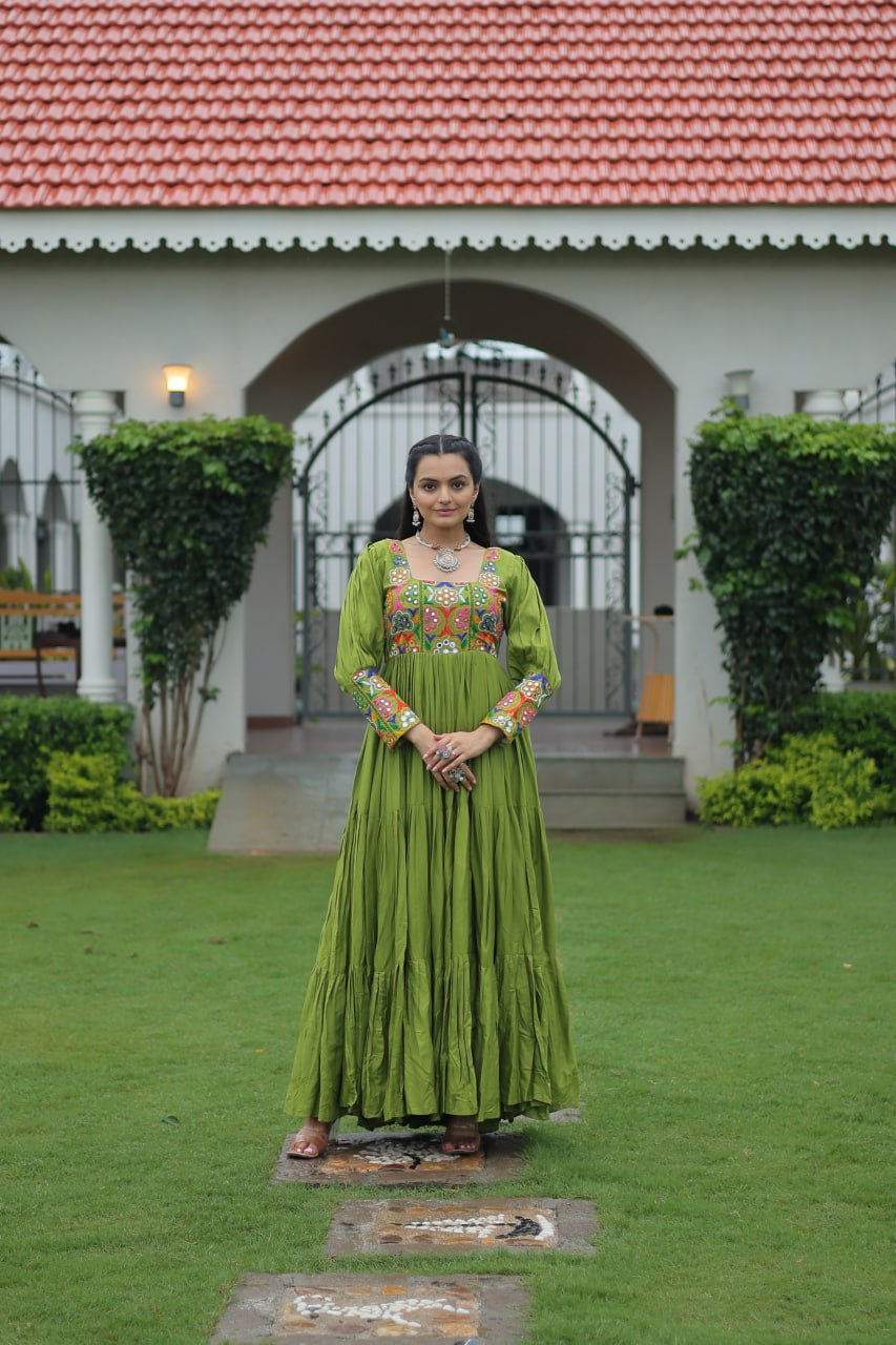 Parrot Green Color Gamthi Work Flared Gown For Navratri