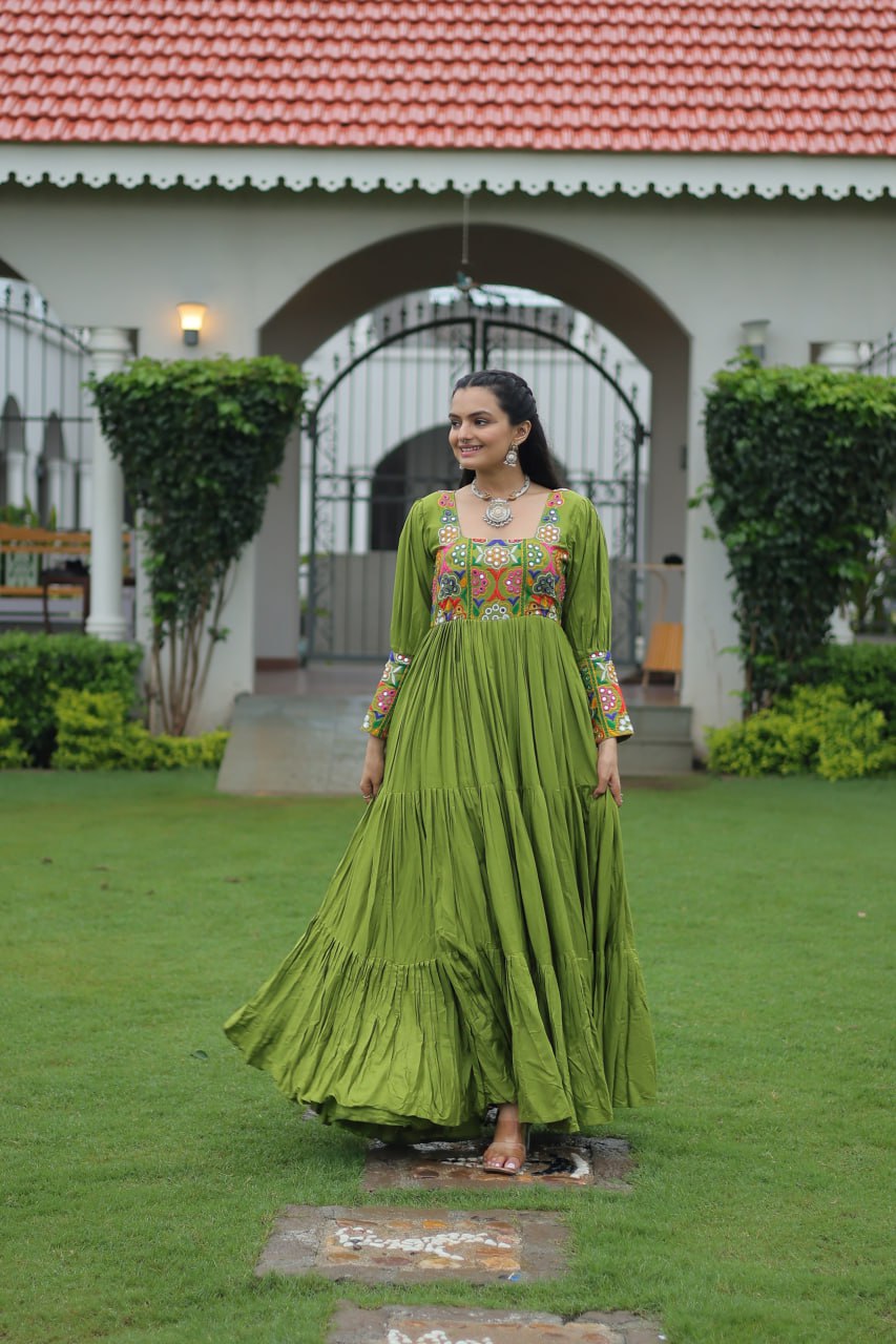 Parrot Green Color Gamthi Work Flared Gown For Navratri