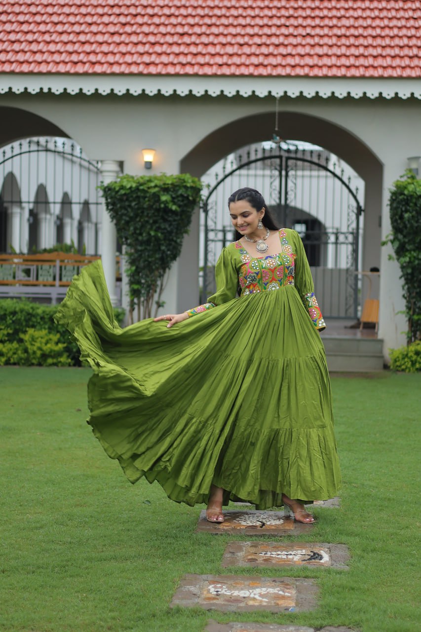 Parrot Green Color Gamthi Work Flared Gown For Navratri
