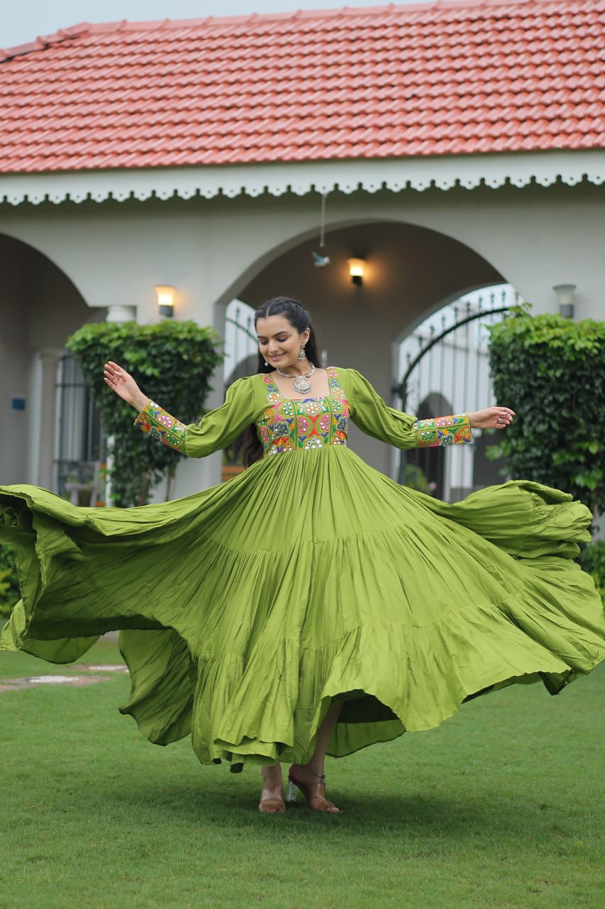 Parrot Green Color Gamthi Work Flared Gown For Navratri