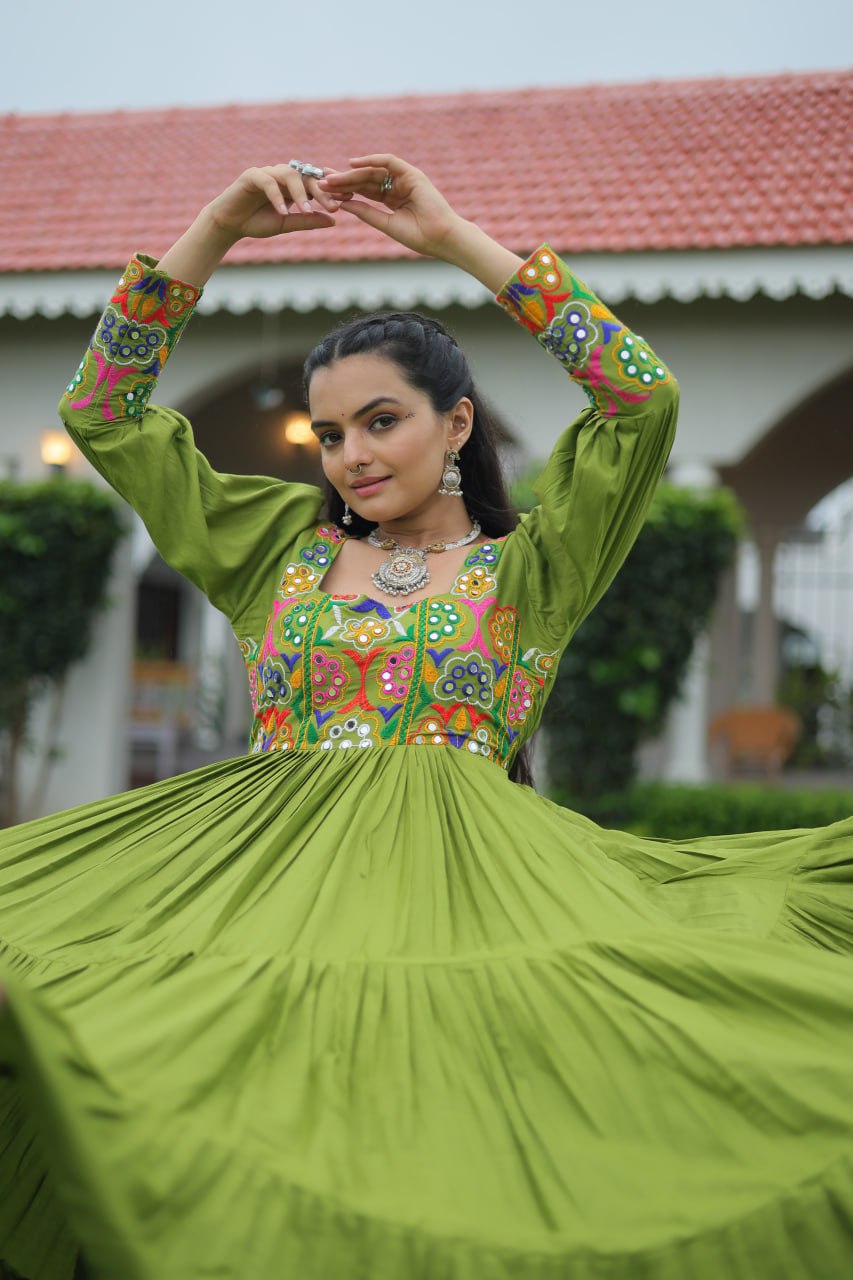 Parrot Green Color Gamthi Work Flared Gown For Navratri