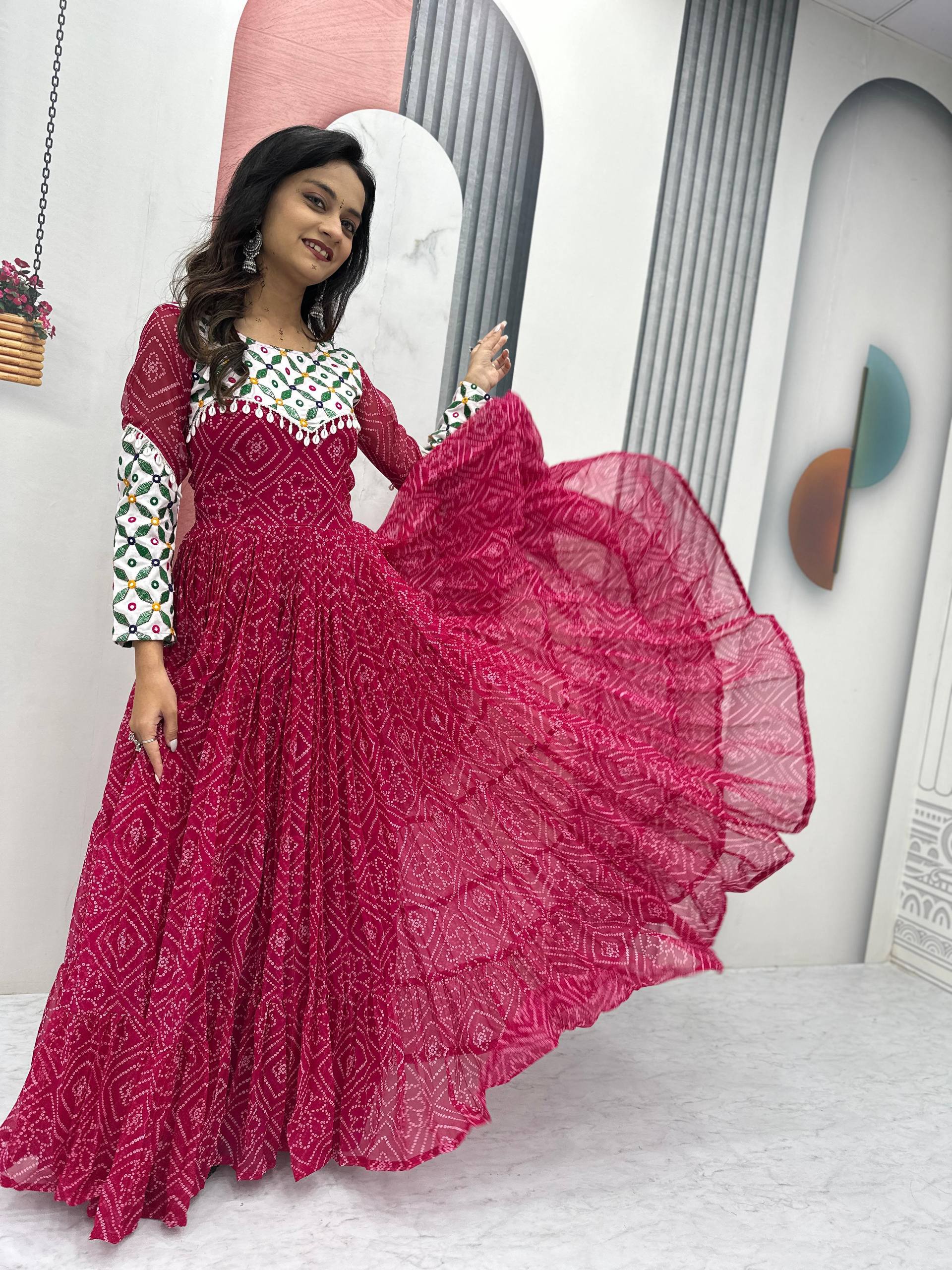 Gamthi Work Pink Color Gown For Navratri Festival