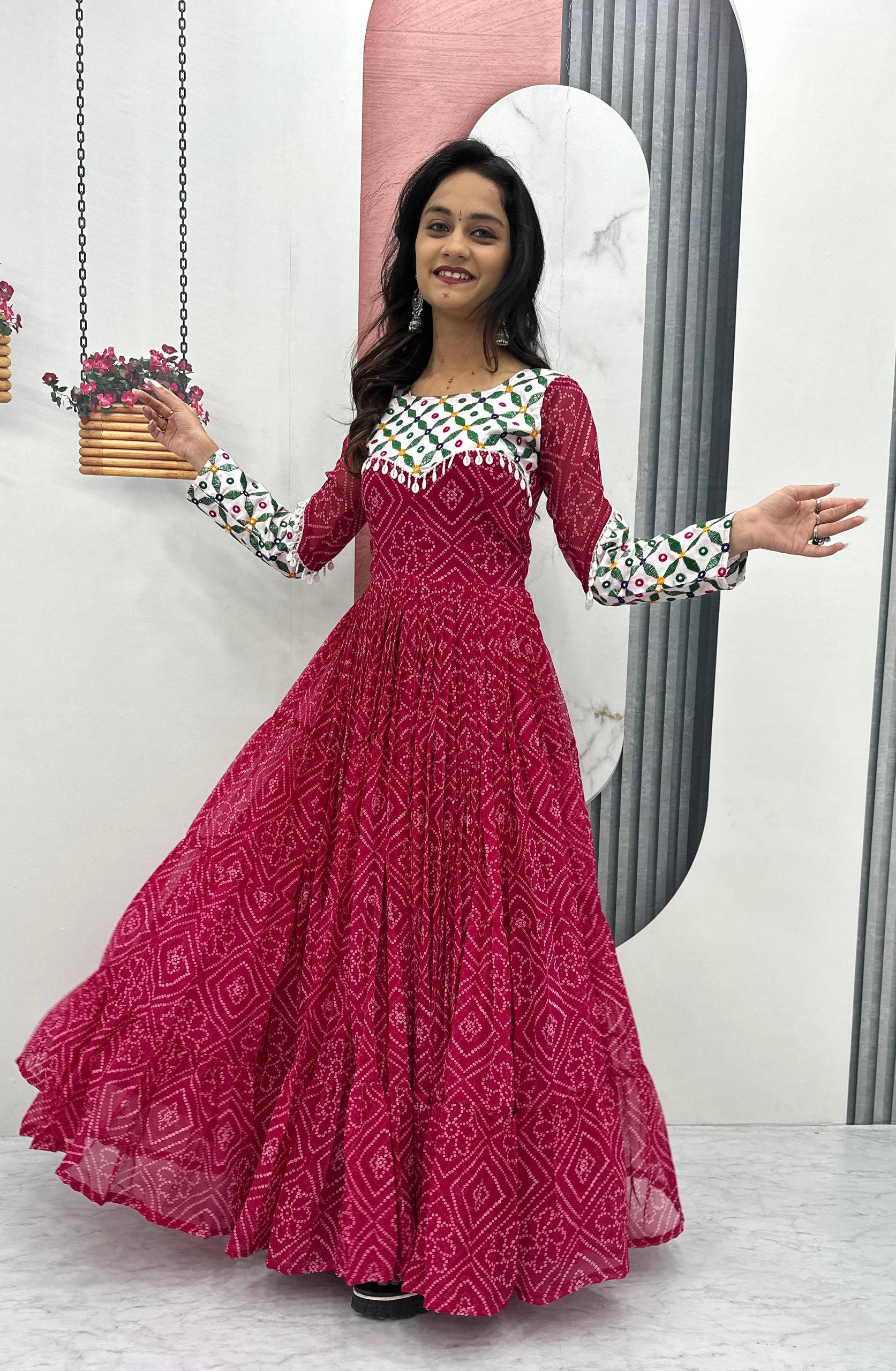 Gamthi Work Pink Color Gown For Navratri Festival