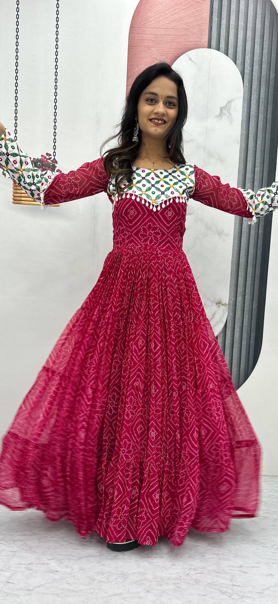 Gamthi Work Pink Color Gown For Navratri Festival