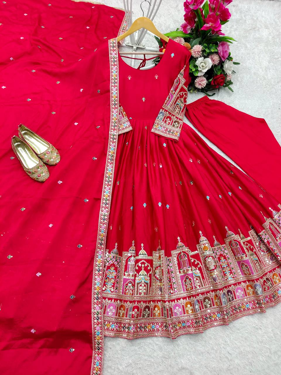 Beautiful Embroidery Work Red Color Anarkali Gown