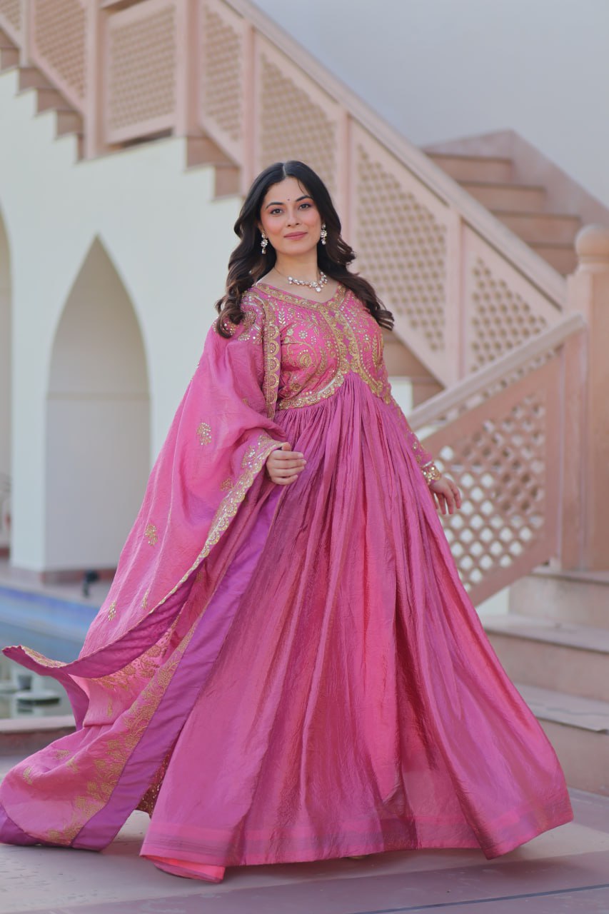 Multi Embroidered Onion Color Glimmering Gown
