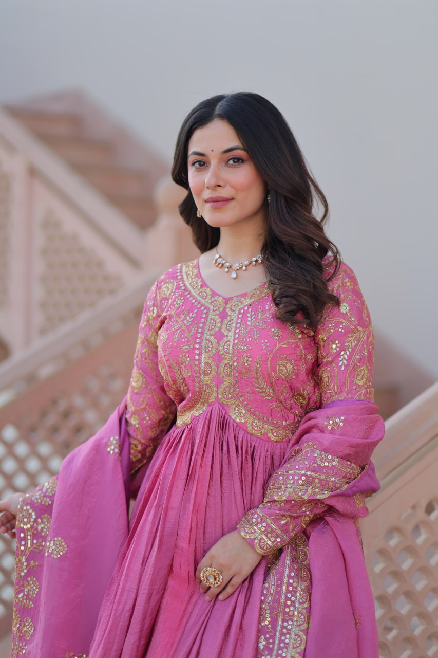 Multi Embroidered Onion Color Glimmering Gown