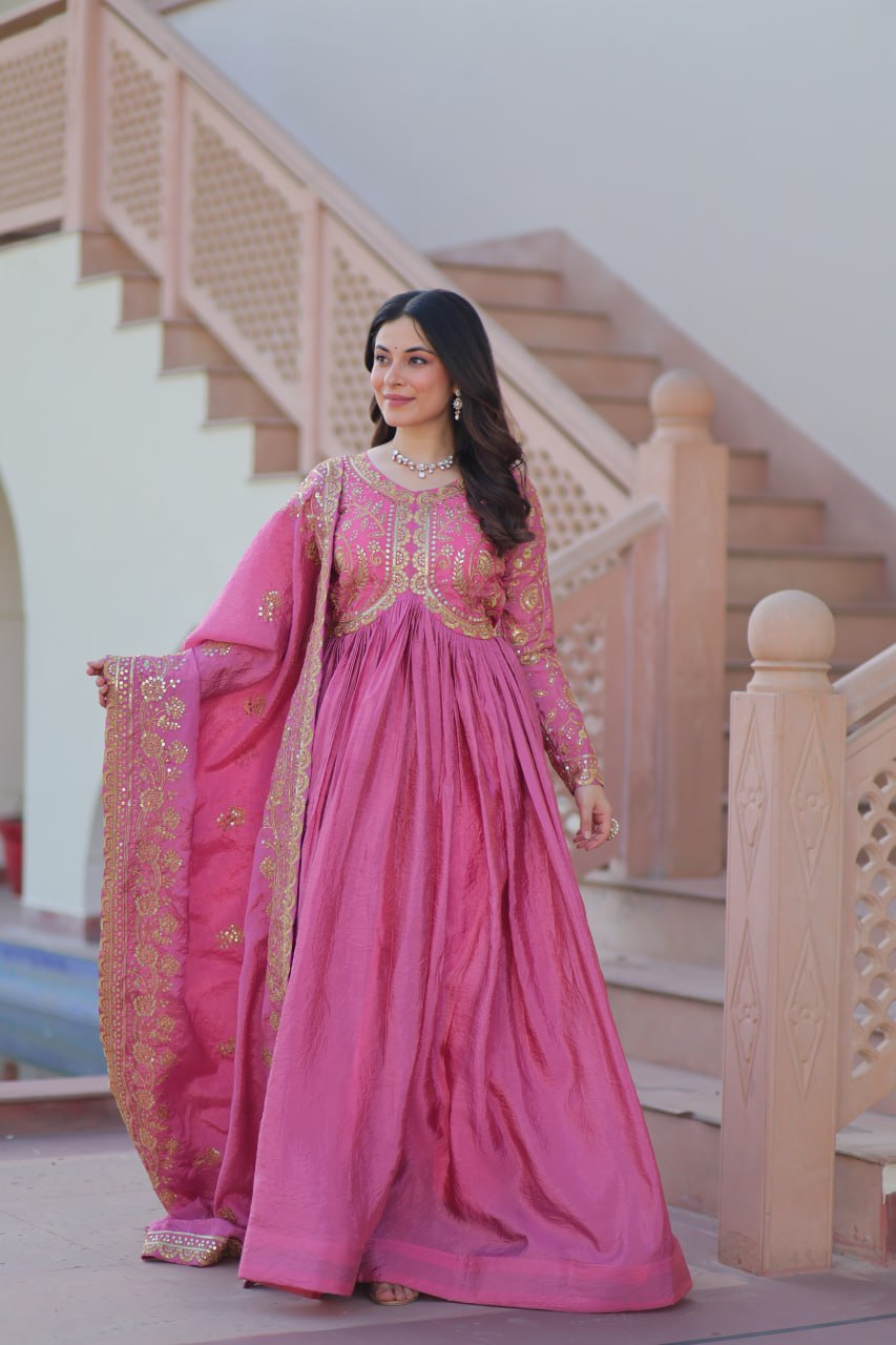 Multi Embroidered Onion Color Glimmering Gown