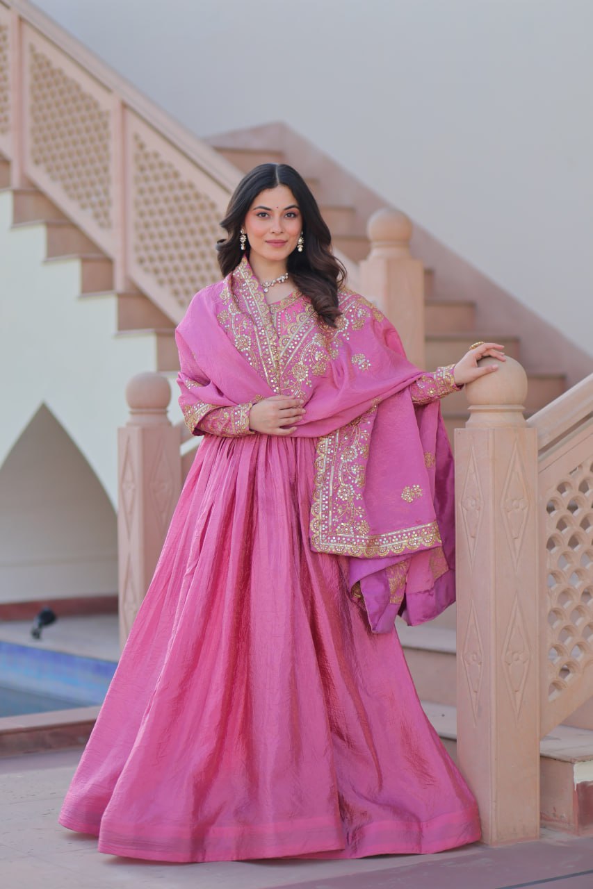 Multi Embroidered Onion Color Glimmering Gown