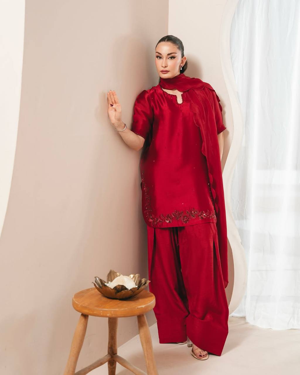 Beads Work Red Color Salwar Suit
