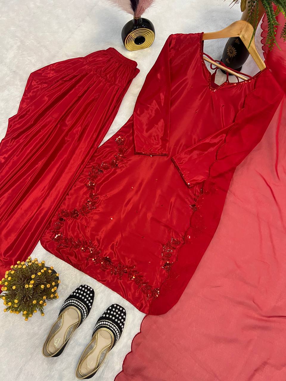 Beads Work Red Color Salwar Suit