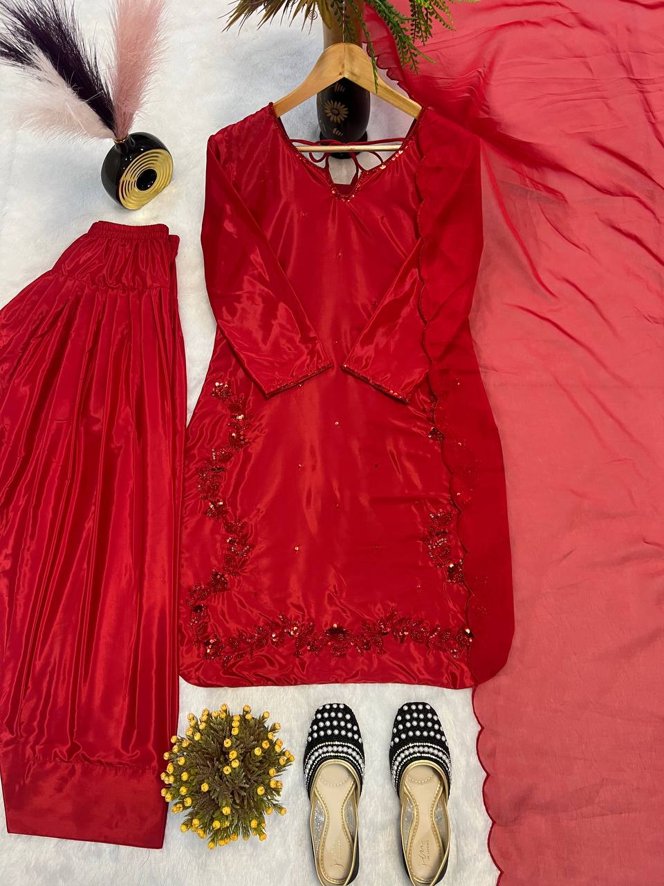 Beads Work Red Color Salwar Suit