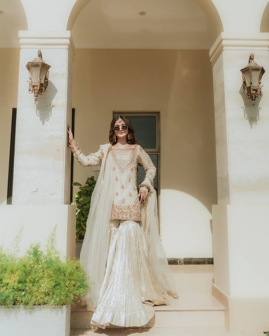 Embroidered White Color Innovative Sharara Suit