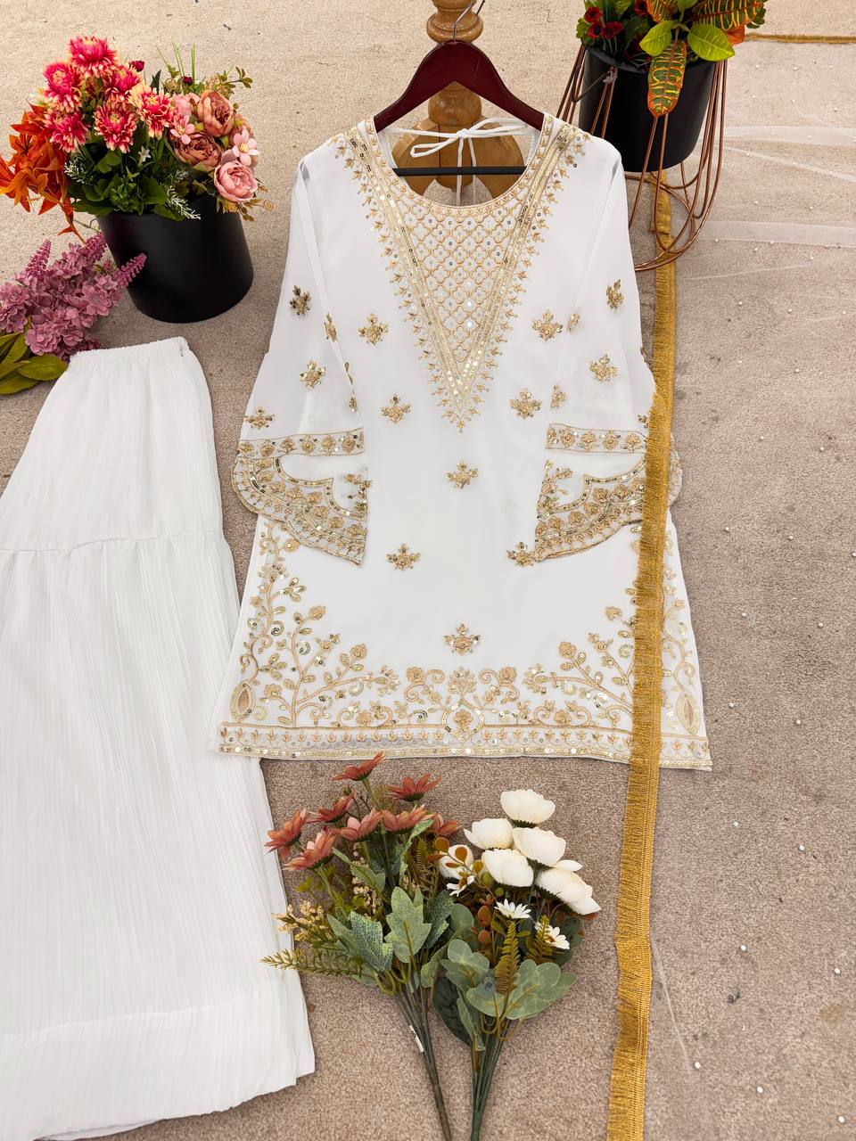 Embroidered White Color Innovative Sharara Suit