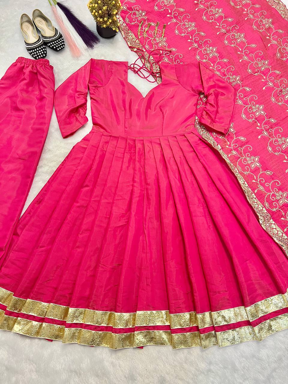 Ethnic Wear Pink Color Gown With Sequence Work Dupatta