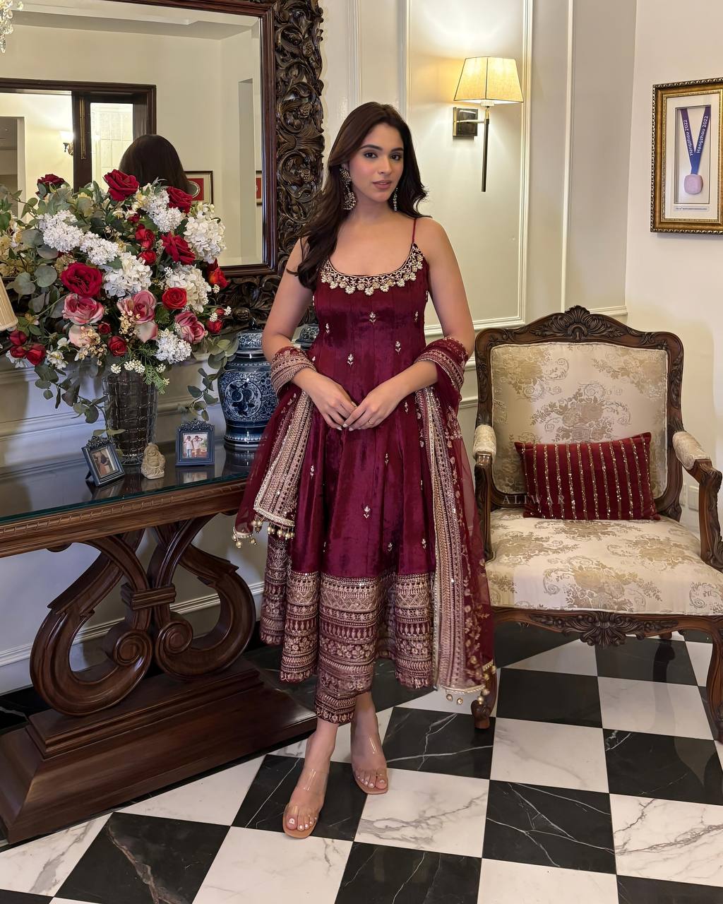 Embroidery Zari Work Wine Color Ravishing Gown