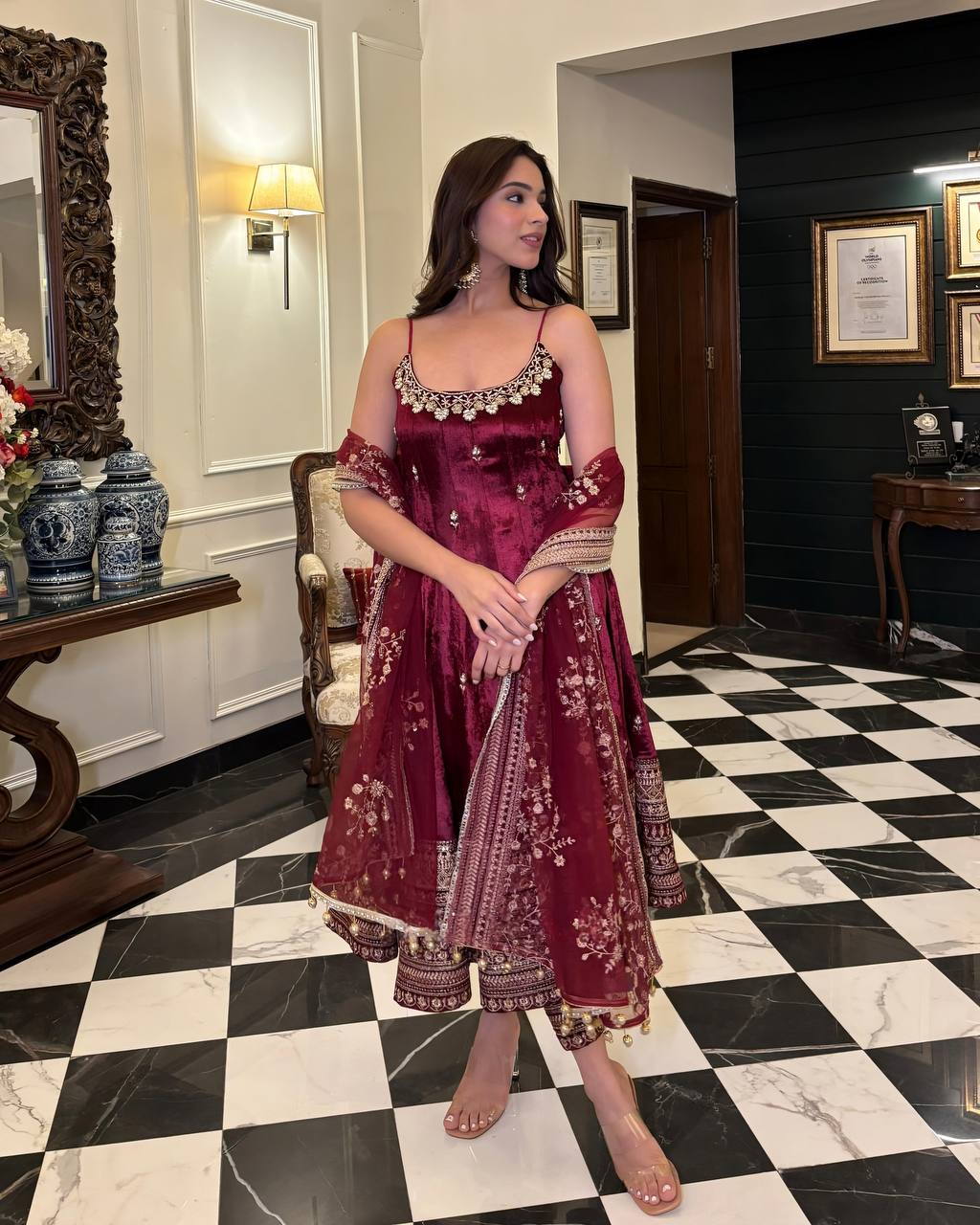 Embroidery Zari Work Wine Color Ravishing Gown