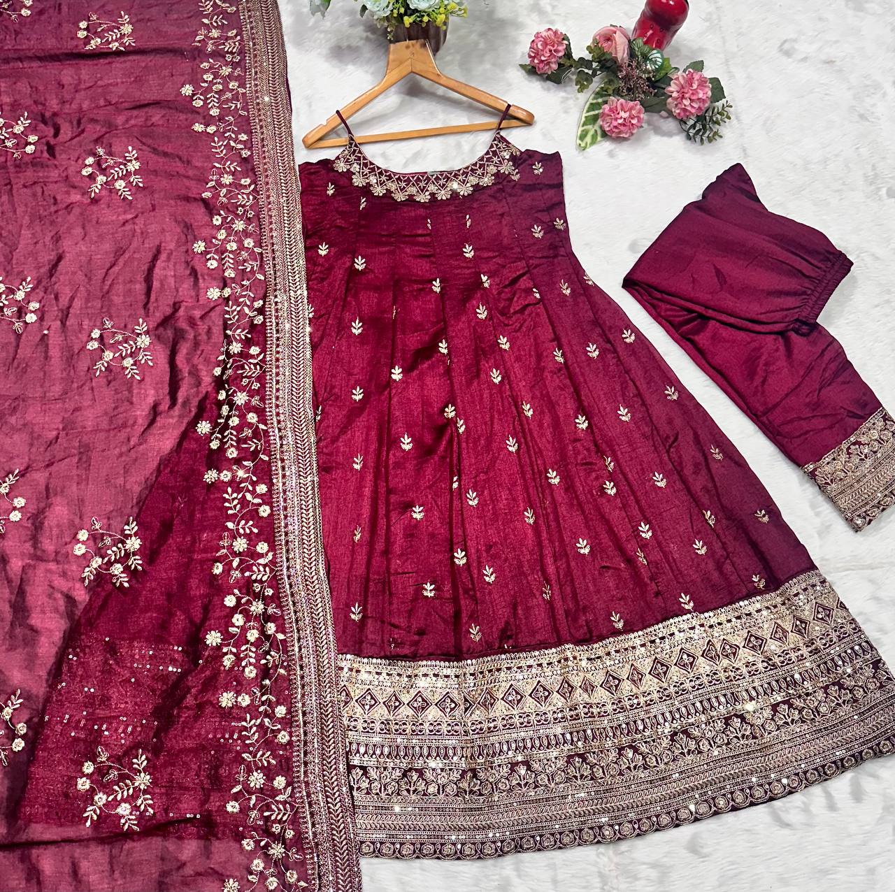 Embroidery Zari Work Wine Color Ravishing Gown
