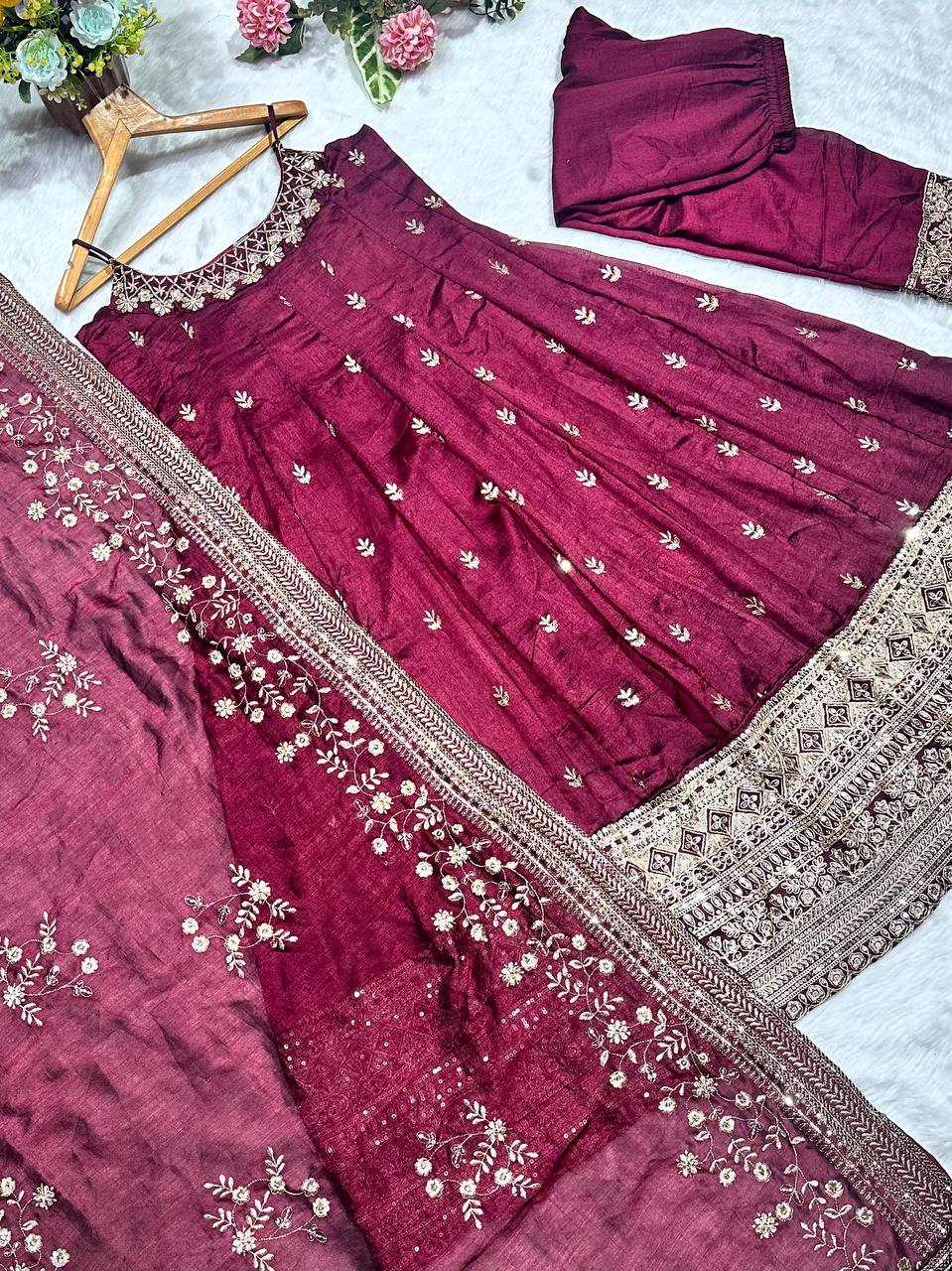 Embroidery Zari Work Wine Color Ravishing Gown