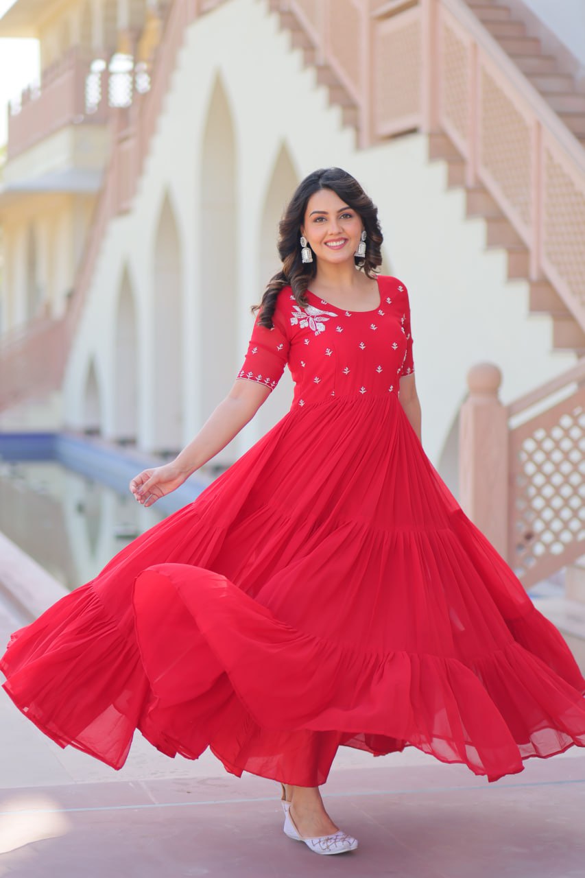 Red Color Beads Embroidery Work Alluring Gown