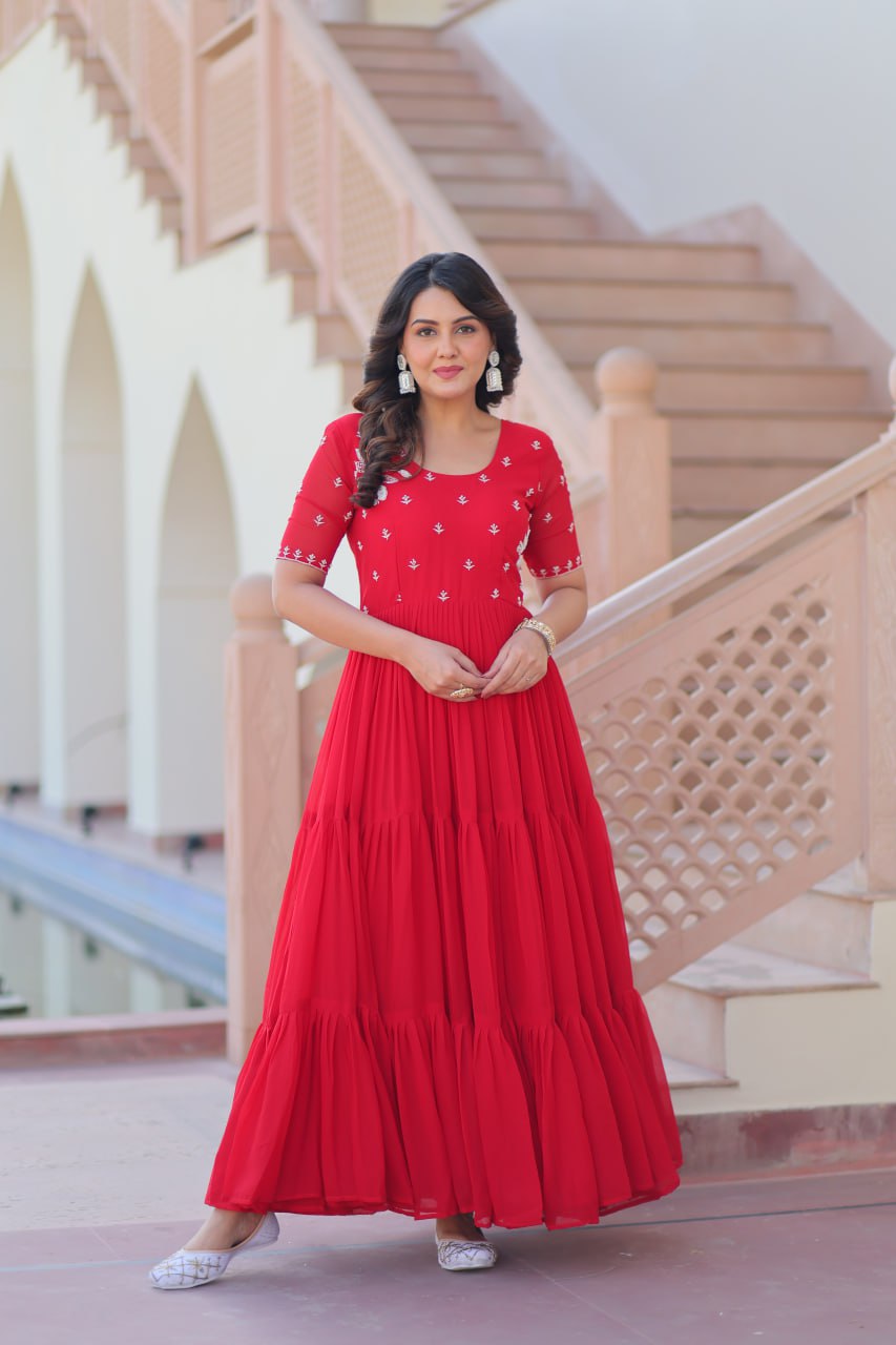 Red Color Beads Embroidery Work Alluring Gown