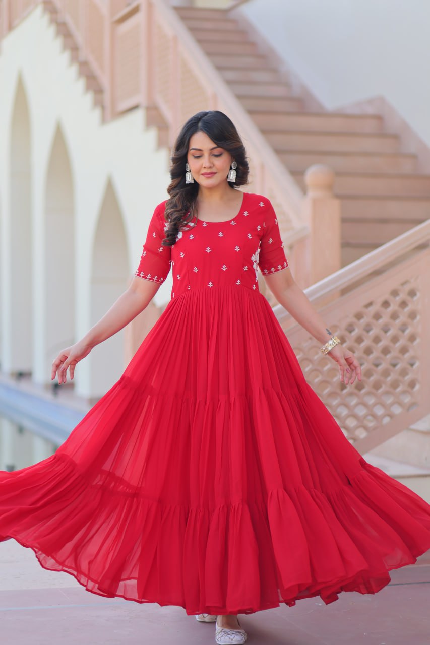 Red Color Beads Embroidery Work Alluring Gown