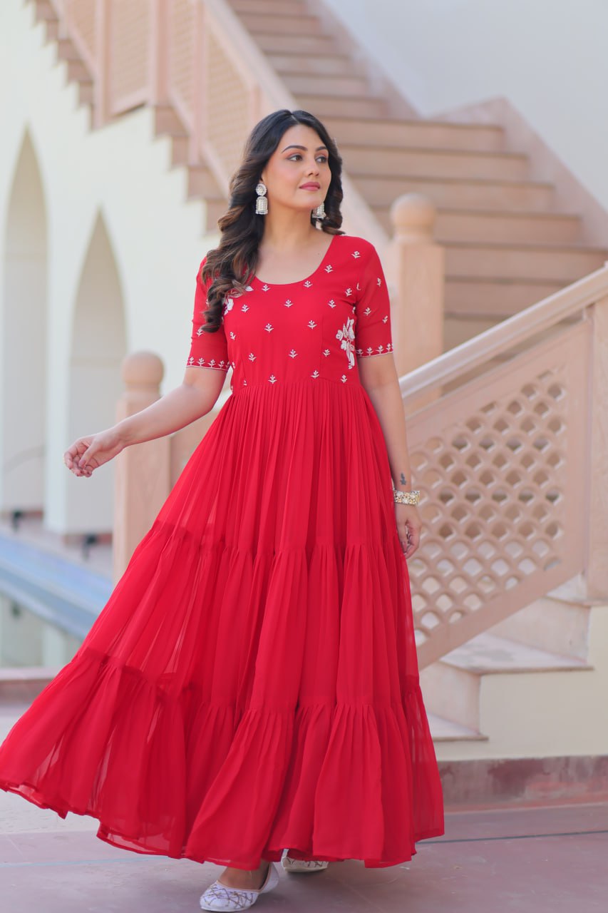 Red Color Beads Embroidery Work Alluring Gown