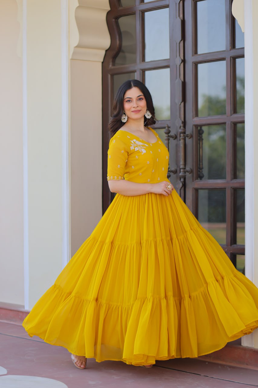 Yellow Color Beads Embroidery Work Alluring Gown
