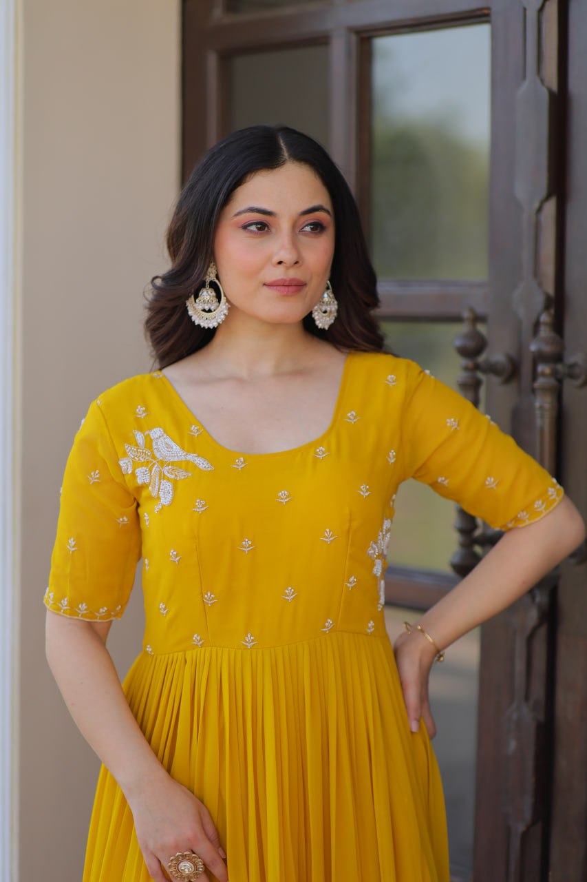 Yellow Color Beads Embroidery Work Alluring Gown