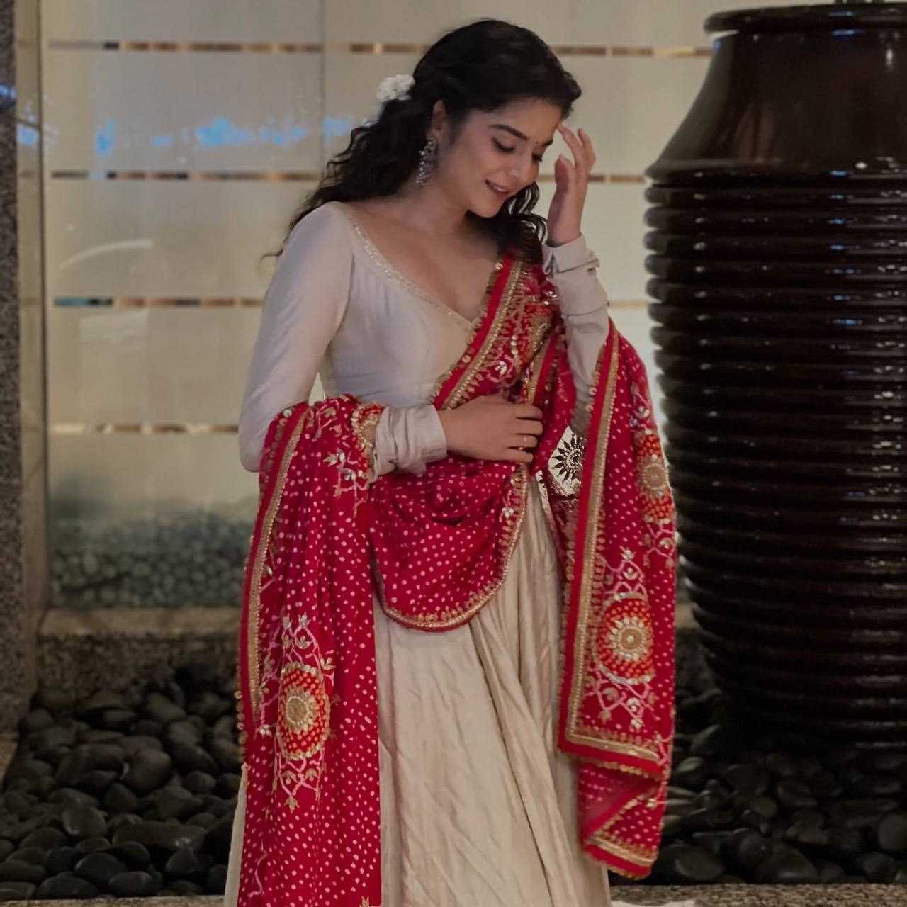 Roman Silk White Color Gown With Printed Dupatta