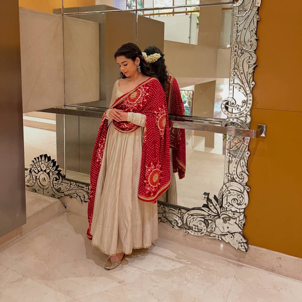 Roman Silk White Color Gown With Printed Dupatta