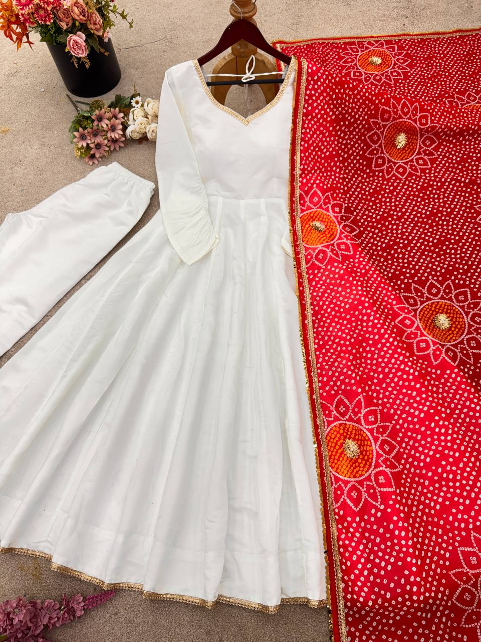 Roman Silk White Color Gown With Printed Dupatta