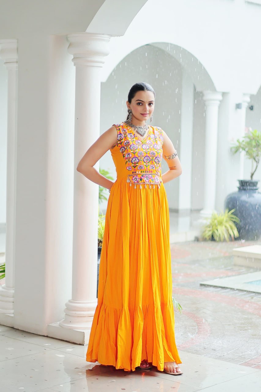 Kutchi Gamthi Work Yellow Color Navratri Wear Gown