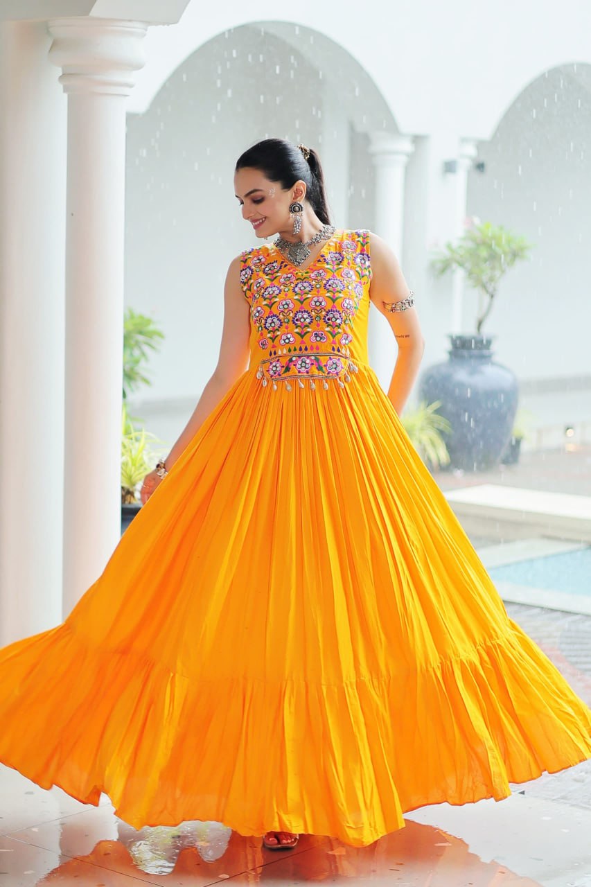 Kutchi Gamthi Work Yellow Color Navratri Wear Gown