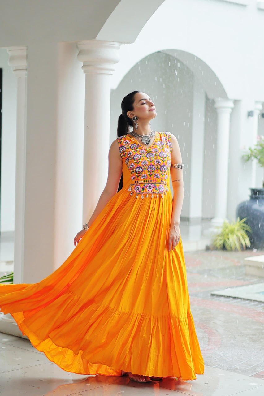 Kutchi Gamthi Work Yellow Color Navratri Wear Gown