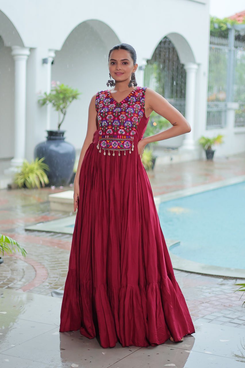 Kutchi Gamthi Work Maroon Color Navratri Wear Gown
