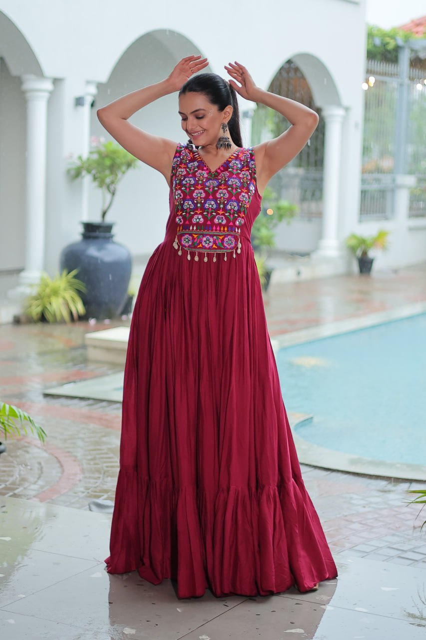 Kutchi Gamthi Work Maroon Color Navratri Wear Gown