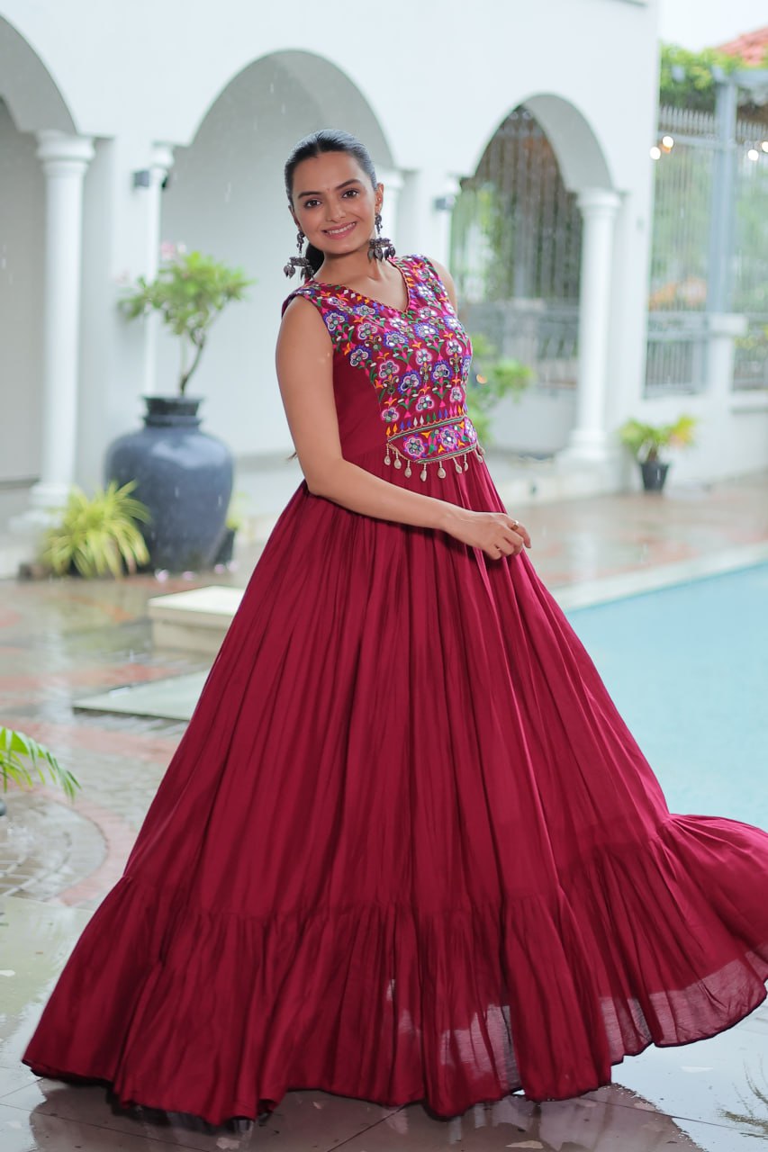Kutchi Gamthi Work Maroon Color Navratri Wear Gown