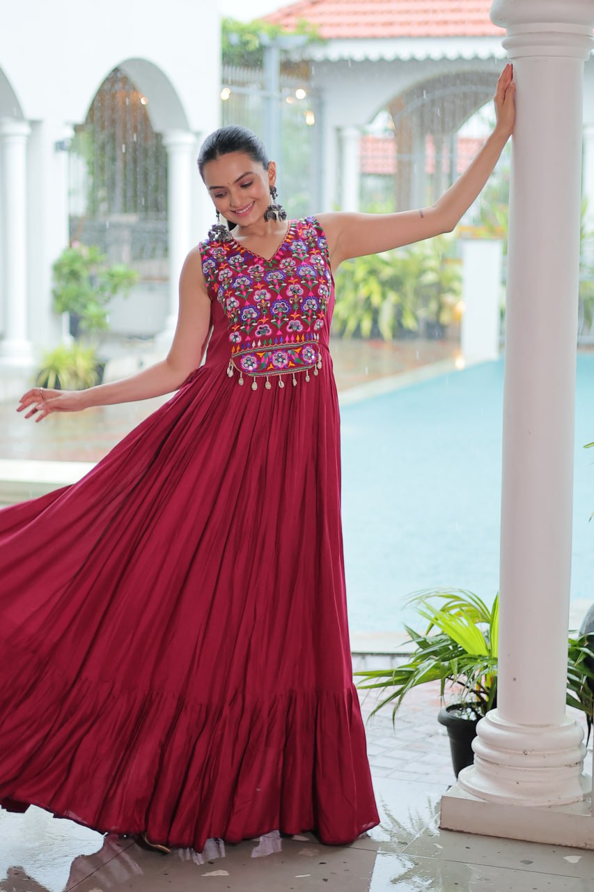 Kutchi Gamthi Work Maroon Color Navratri Wear Gown