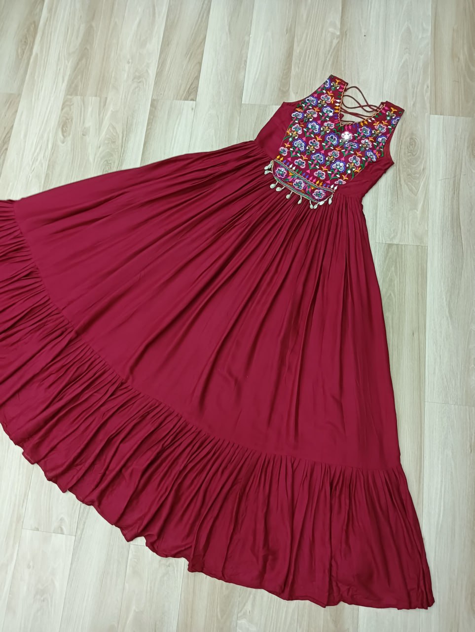 Kutchi Gamthi Work Maroon Color Navratri Wear Gown