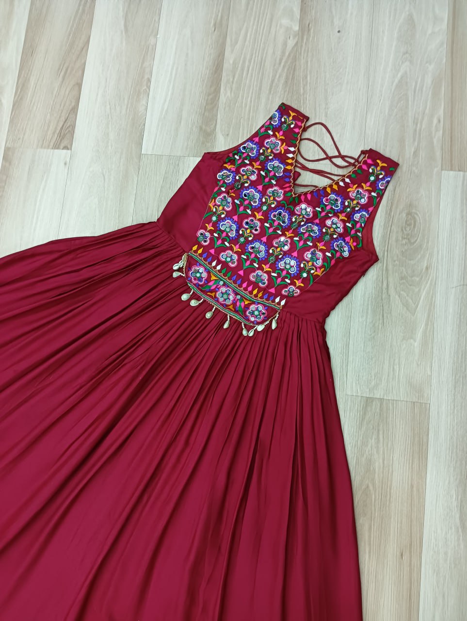 Kutchi Gamthi Work Maroon Color Navratri Wear Gown