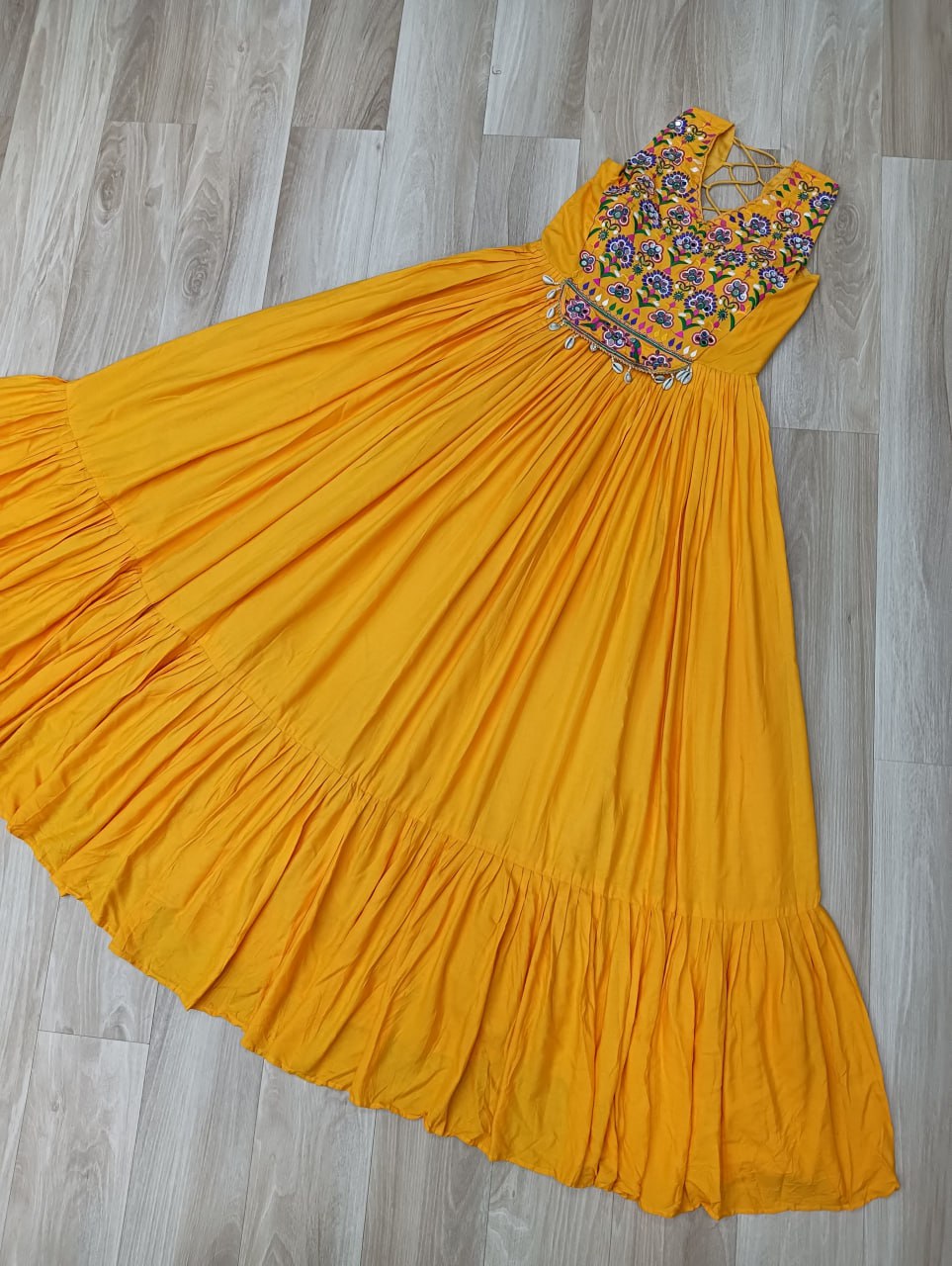 Kutchi Gamthi Work Yellow Color Navratri Wear Gown