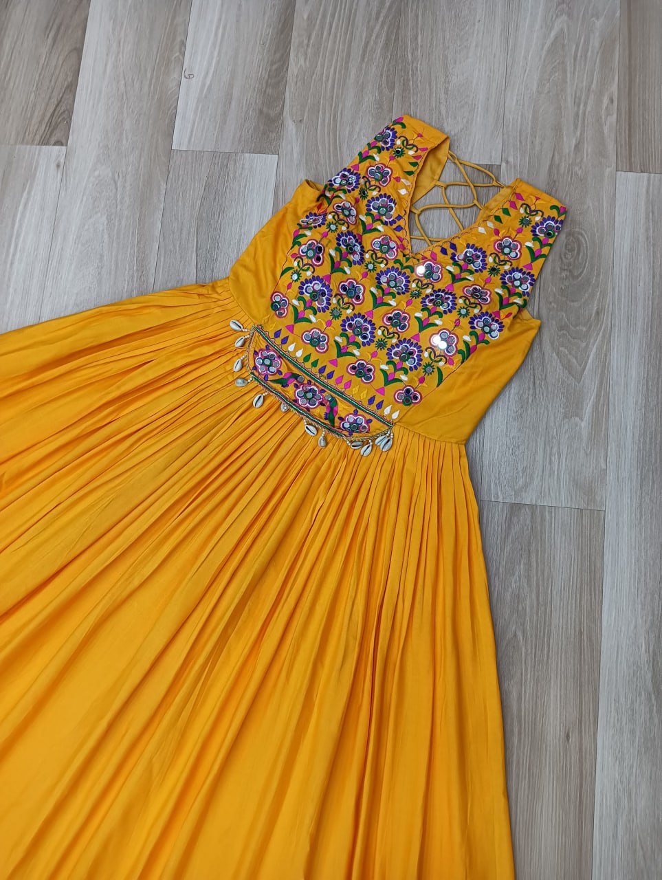 Kutchi Gamthi Work Yellow Color Navratri Wear Gown
