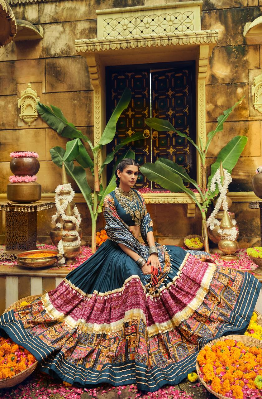 Awesome Teal Blue Rayon With Foil Print Lehenga Choli