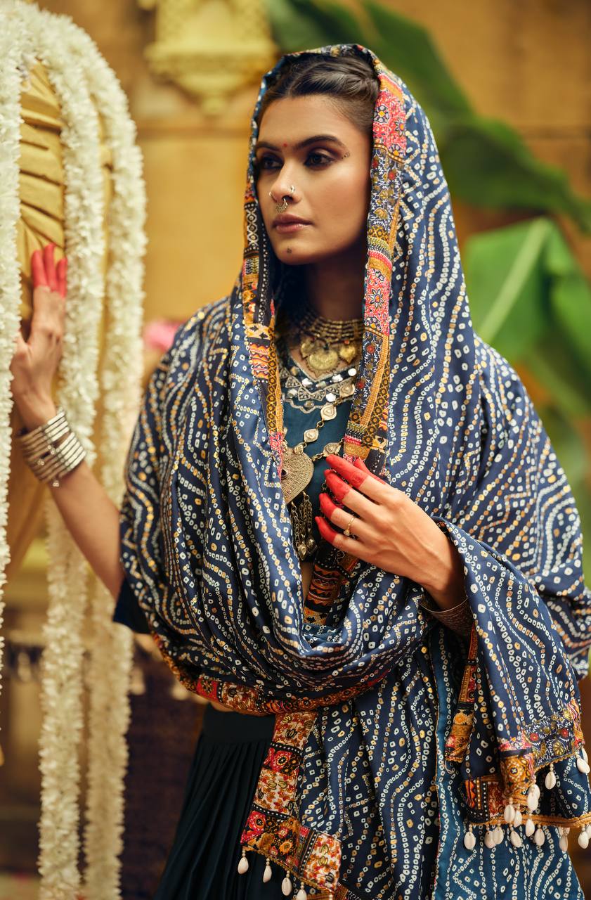Awesome Teal Blue Rayon With Foil Print Lehenga Choli