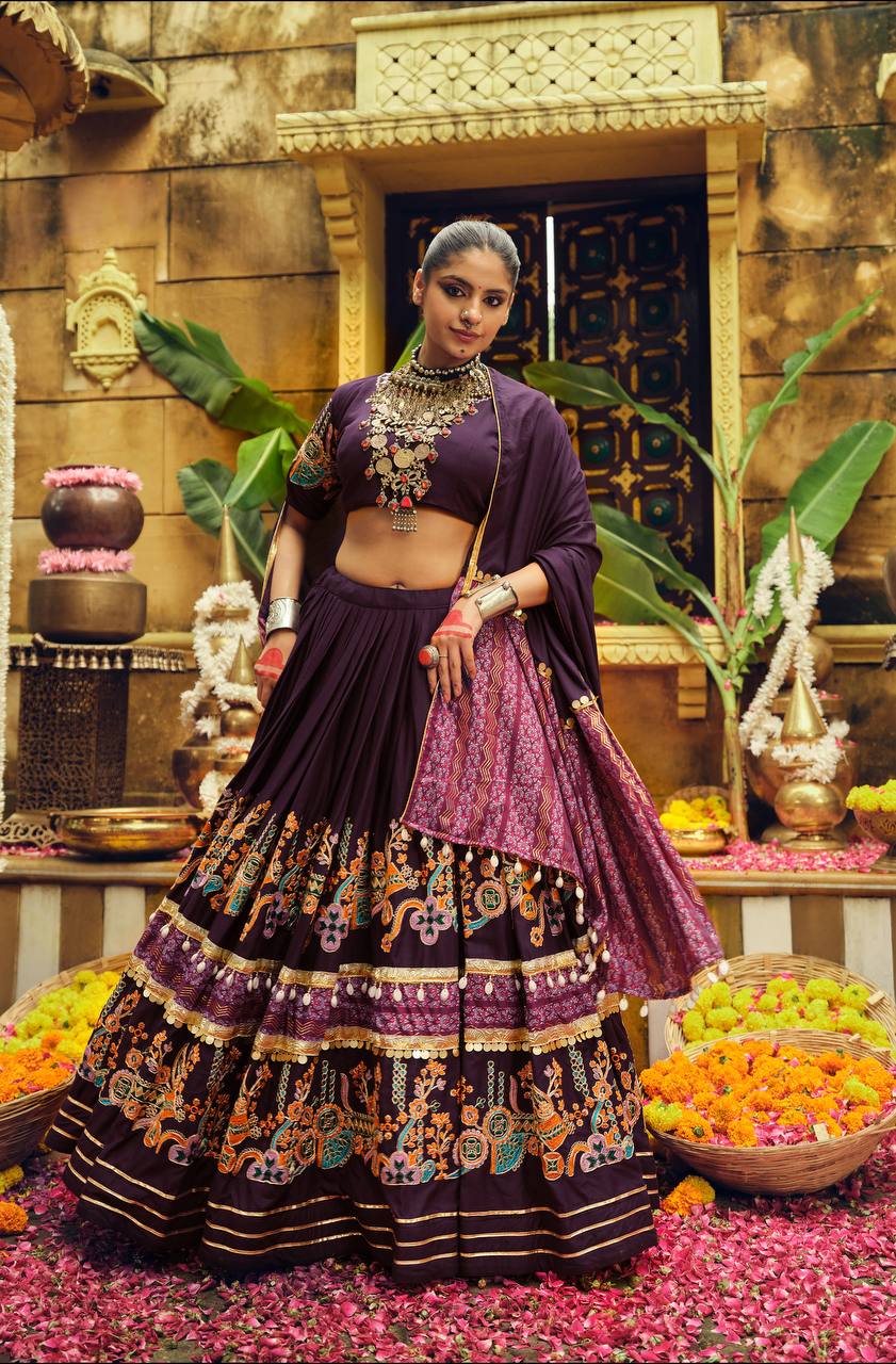 Awesome Teal Blue Rayon With Foil Print Lehenga Choli