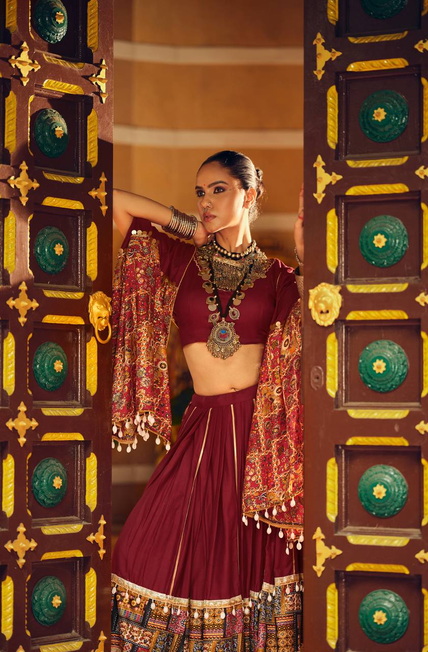 Awesome Teal Blue Rayon With Foil Print Lehenga Choli