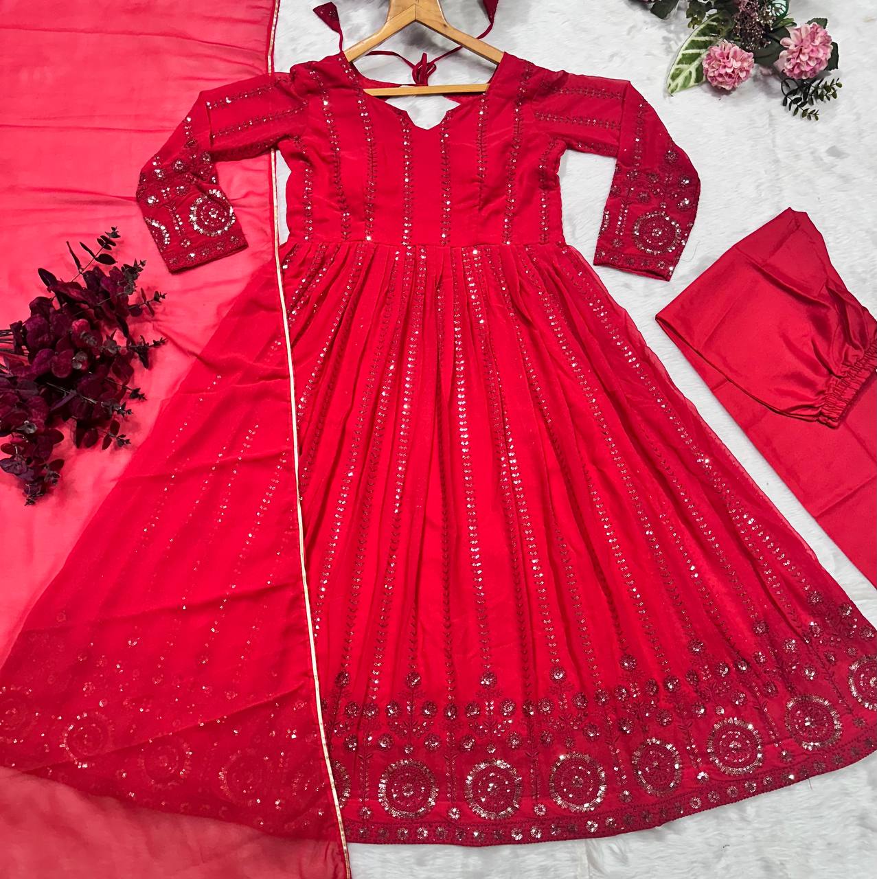 Red Color Embroidery Work Wonderful Anarkali Gown